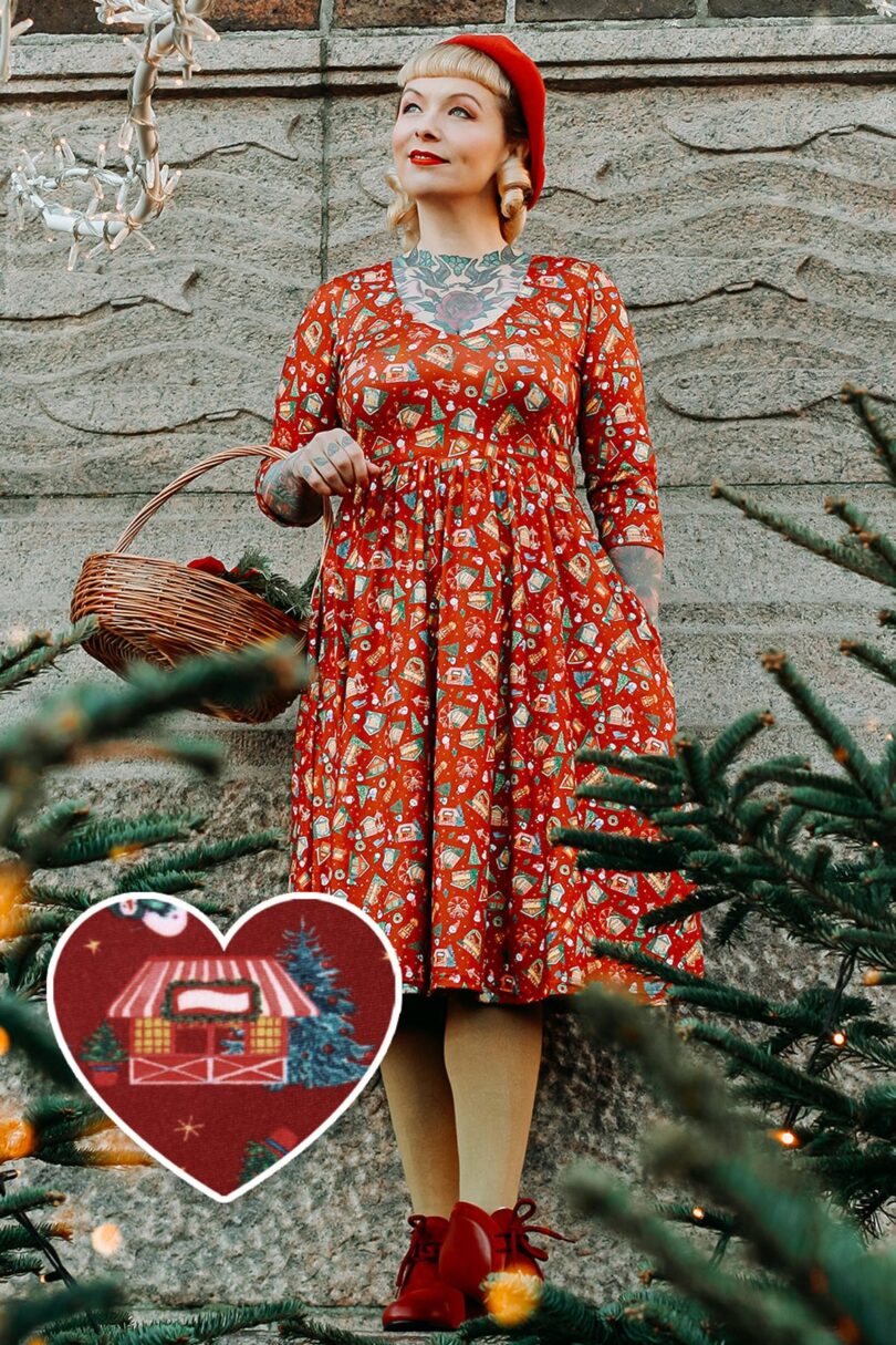 Billie Red Christmas Fair Long Sleeved Dress  Shop now at Kitty Darling