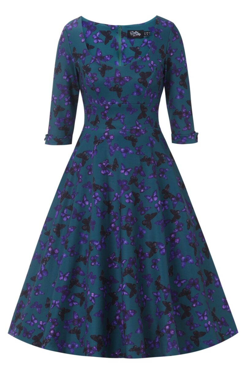 Scarlette Teal & Purple Butterfly Swing Dress  Shop now at Kitty Darling