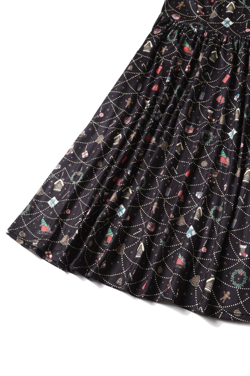 Billie Long Sleeved Dress in Black Christmas Ornament Print  Shop now at Kitty Darling