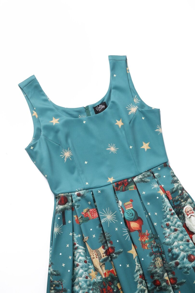 Amanda Dark Desaturated Cyan Christmas Santa Print Dress  Shop now at Kitty Darling