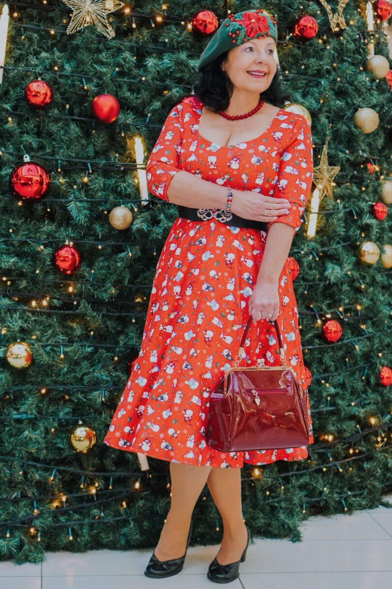Scarlette Long-Sleeved Dress in Red Snowman Print  Shop now at Kitty Darling