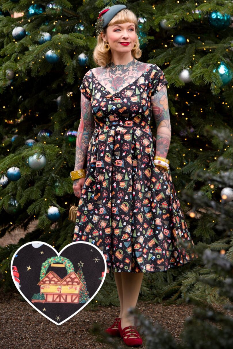 Lily Retro Off Shoulder in Black Christmas Fair Swing Dress  Shop now at Kitty Darling