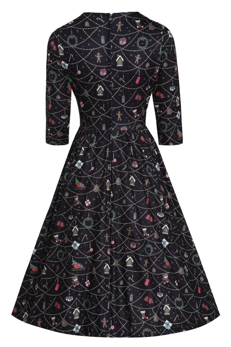 Billie Long Sleeved Dress in Black Christmas Ornament Print  Shop now at Kitty Darling