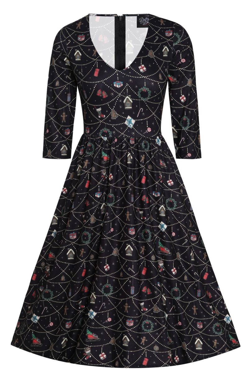 Billie Long Sleeved Dress in Black Christmas Ornament Print  Shop now at Kitty Darling