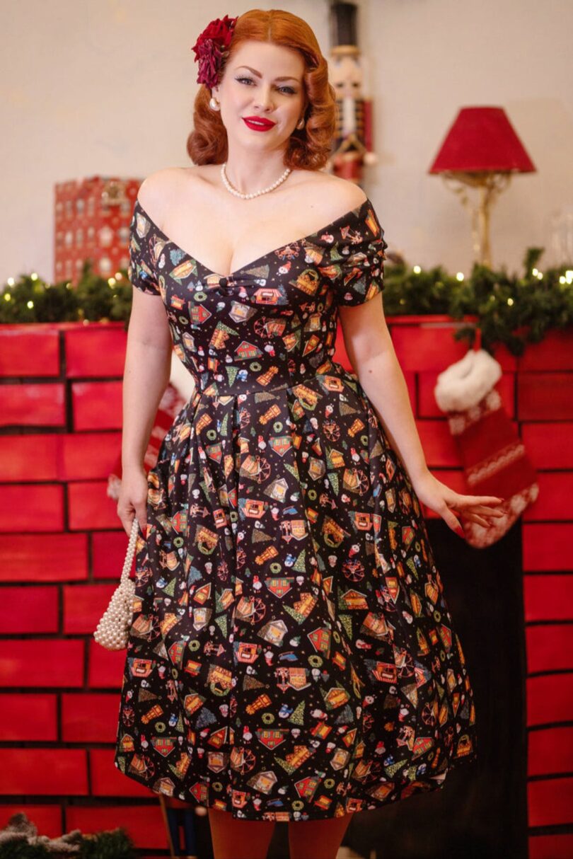 Lily Retro Off Shoulder in Black Christmas Fair Swing Dress  Shop now at Kitty Darling