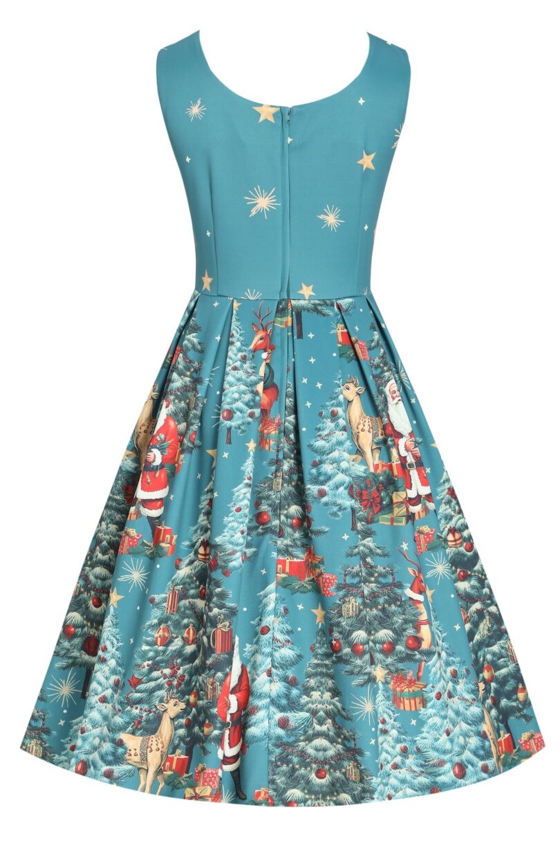 Amanda Dark Desaturated Cyan Christmas Santa Print Dress  Shop now at Kitty Darling