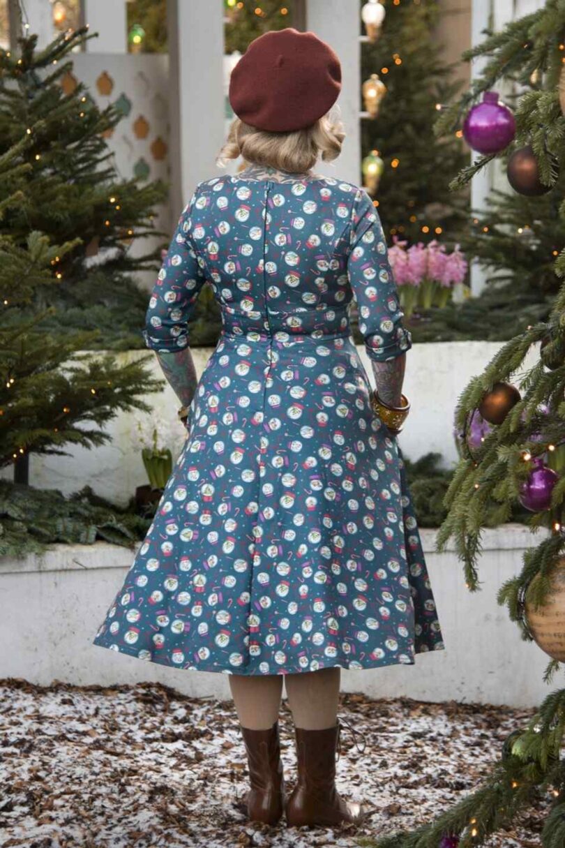 Scarlette Long-Sleeved Stretchy Blue Dress with Snow globe Print  Shop now at Kitty Darling