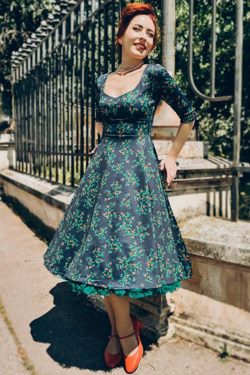 Navy Blue Rosebud Print Long Sleeved Dress  Shop now at Kitty Darling