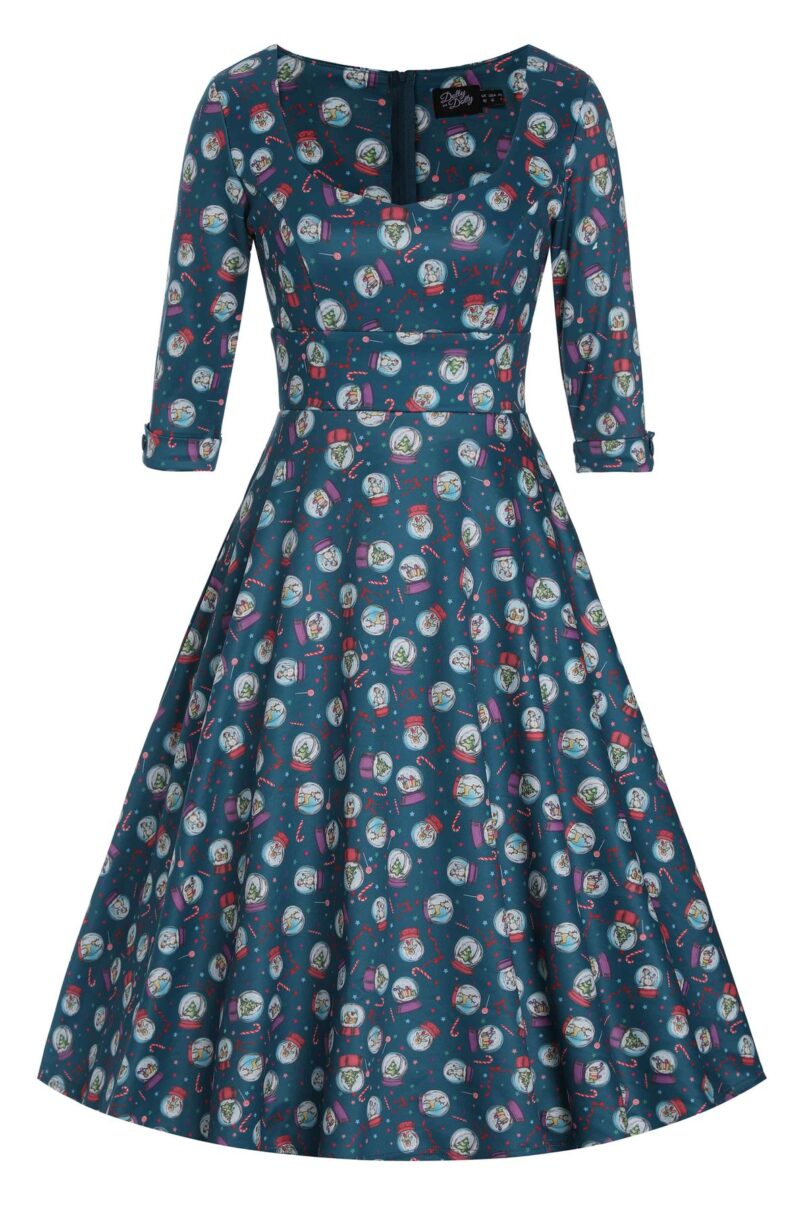 Scarlette Long-Sleeved Stretchy Blue Dress with Snow globe Print  Shop now at Kitty Darling