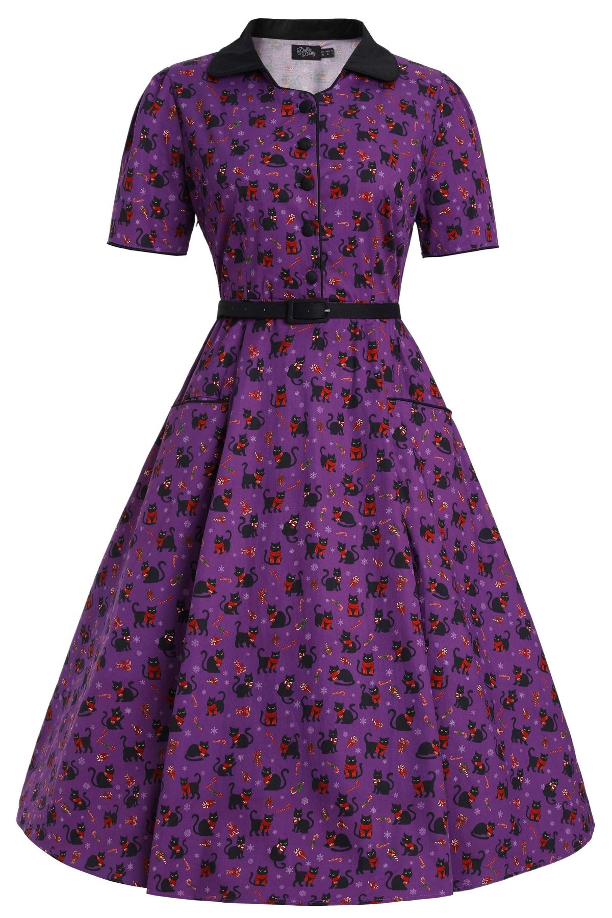 Mabel Festive Cat Shirt Dress In Purple Mabel Festive Cat Shirt Dress In Purple  Shop now at Kitty Darling
