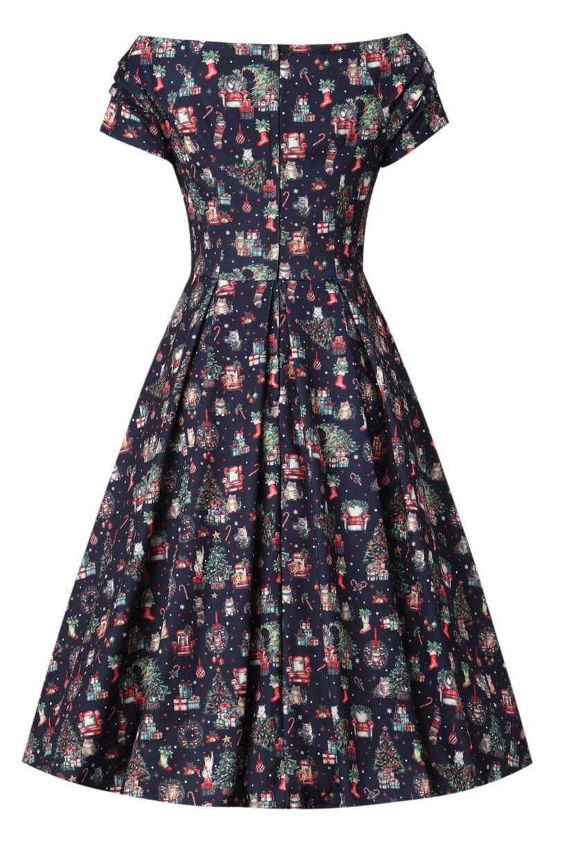 Lily Dark Purple Off Shoulder Cat Print Christmas Dress  Shop now at Kitty Darling