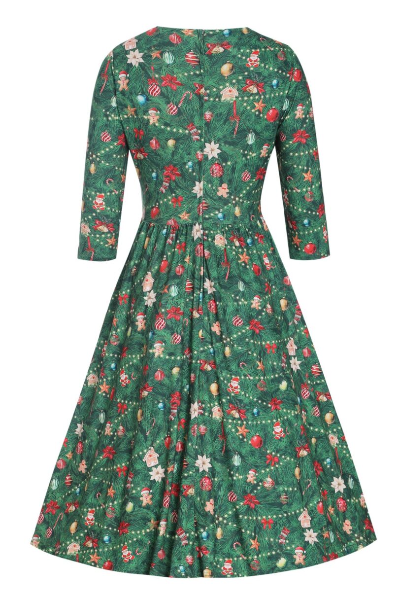 Billie Dark Green V-neckline Xmas Tree Print Long-Sleeved Dress  Shop now at Kitty Darling