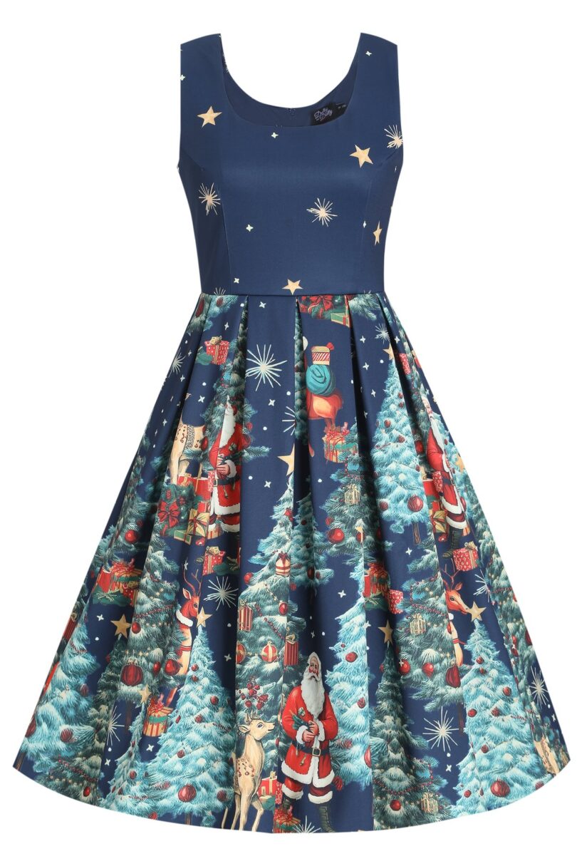 Amanda Dark Desaturated Blue Christmas Santa Print Dress  Shop now at Kitty Darling