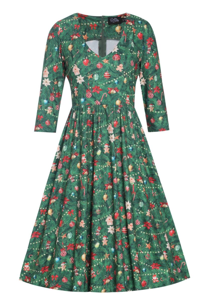 Billie Dark Green V-neckline Xmas Tree Print Long-Sleeved Dress  Shop now at Kitty Darling