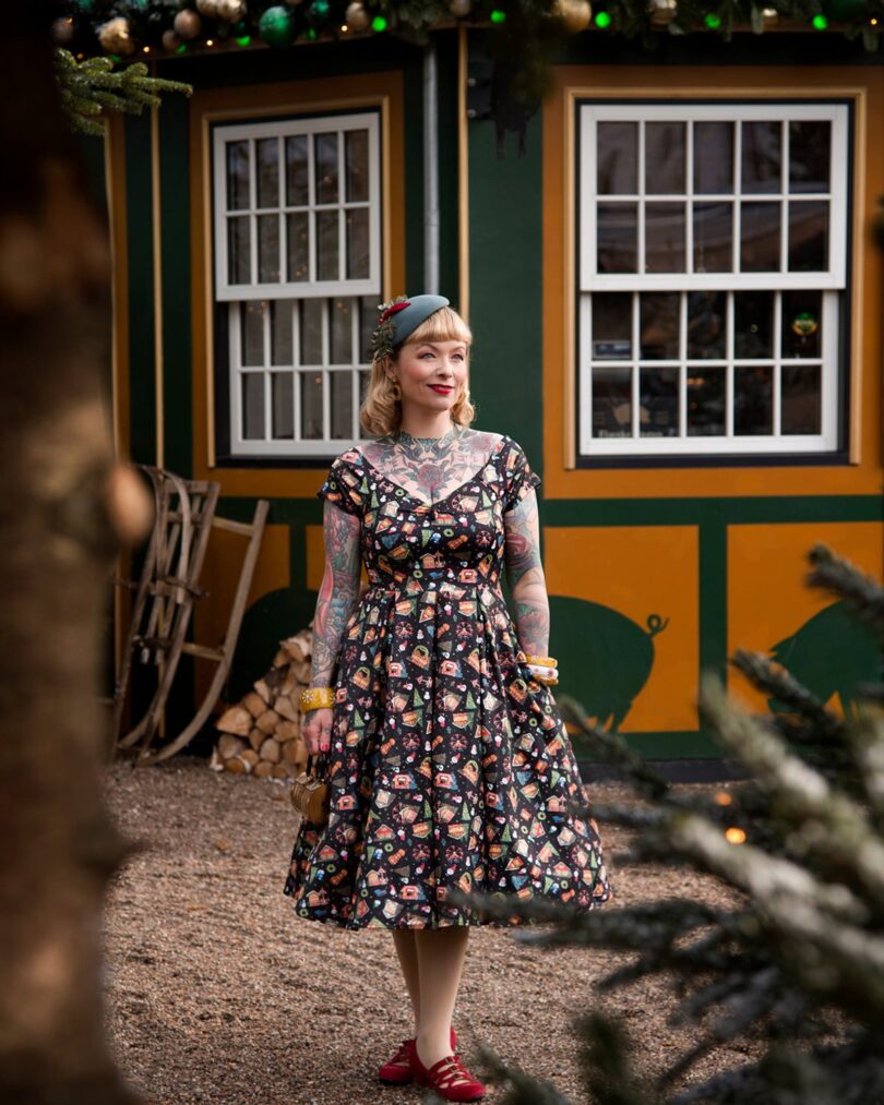 Lily Retro Off Shoulder in Black Christmas Fair Swing Dress  Shop now at Kitty Darling