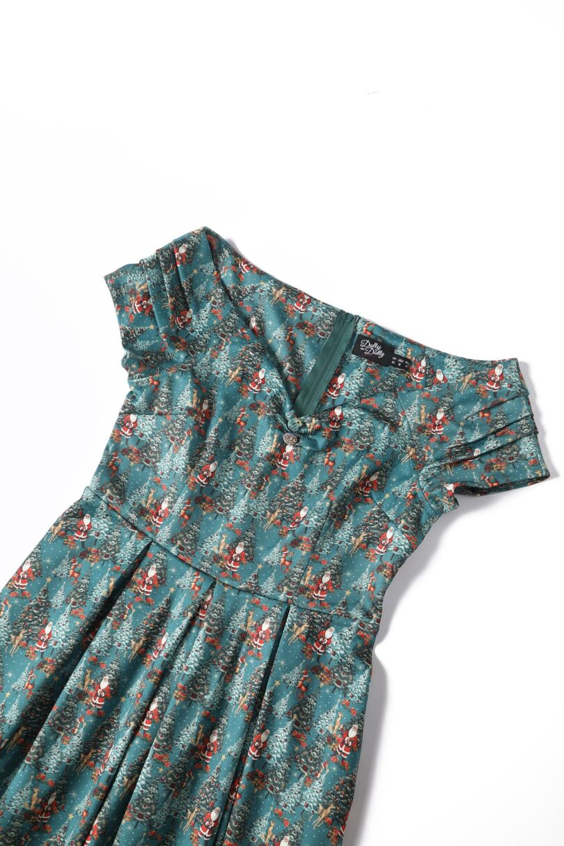 Lily Teal Off Shoulder Santa Claus Print Christmas Dress  Shop now at Kitty Darling