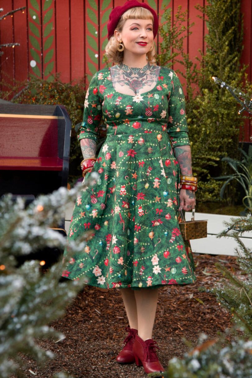Scarlette Green Long-Sleeved Xmas Tree Print Stretchy Dress  Shop now at Kitty Darling