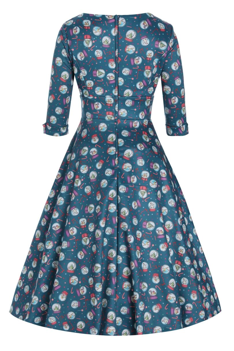 Scarlette Long-Sleeved Stretchy Blue Dress with Snow globe Print  Shop now at Kitty Darling
