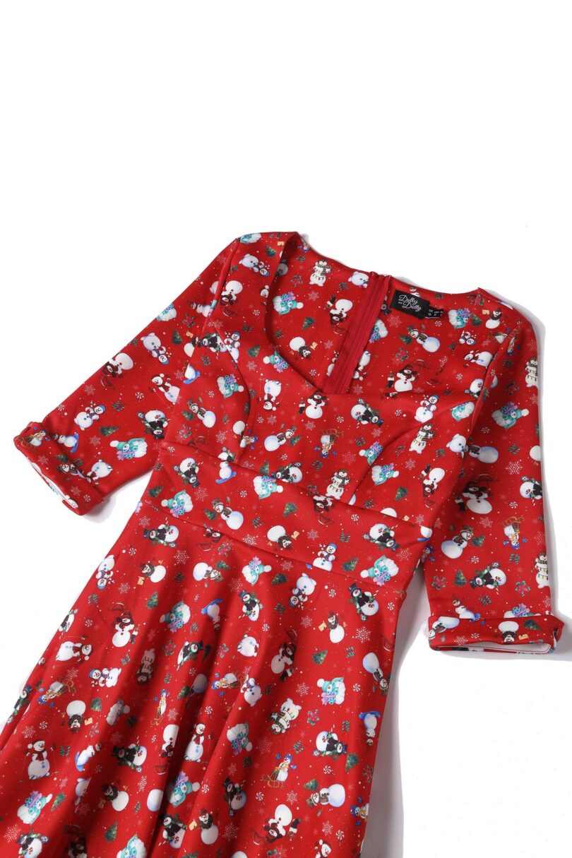 Scarlette Long-Sleeved Dress in Red Snowman Print  Shop now at Kitty Darling