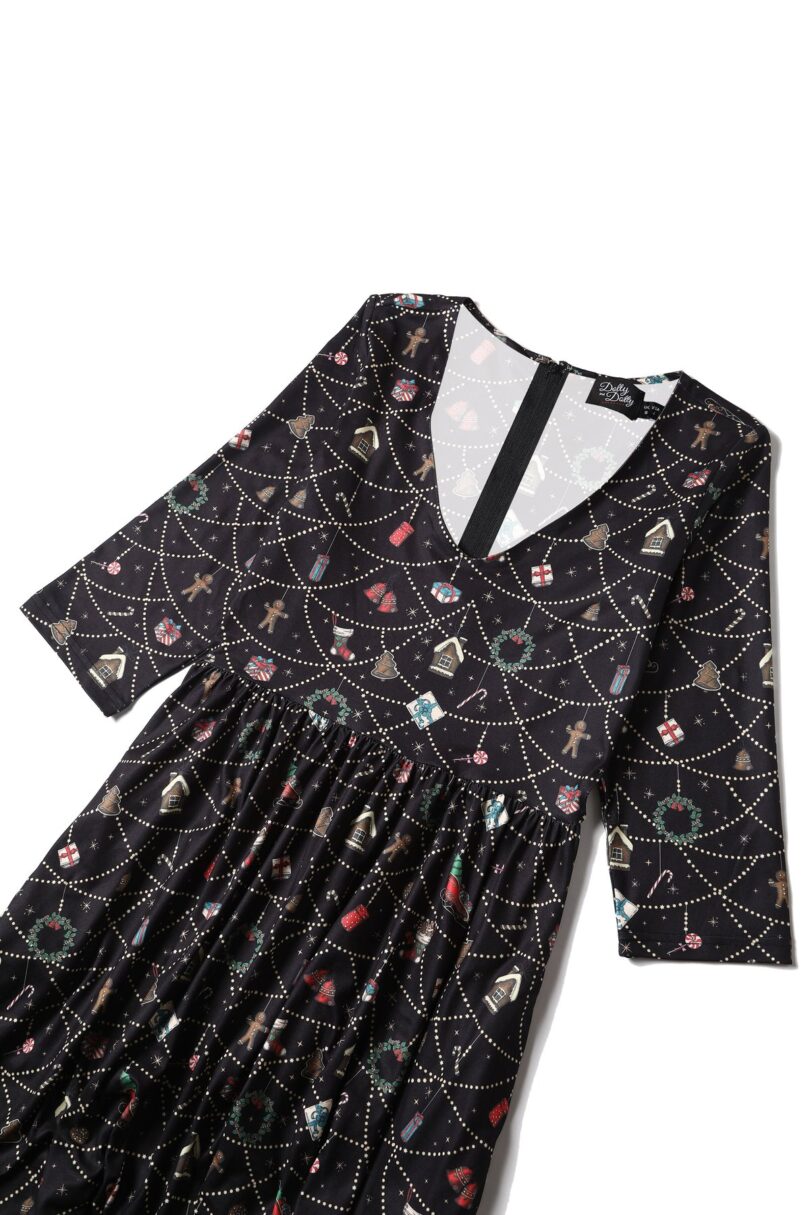 Billie Long Sleeved Dress in Black Christmas Ornament Print  Shop now at Kitty Darling