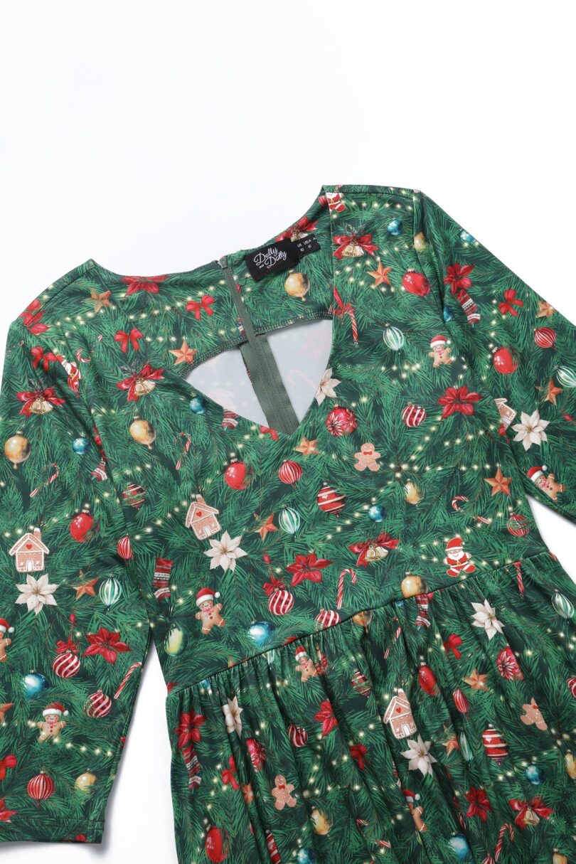 Billie Dark Green V-neckline Xmas Tree Print Long-Sleeved Dress  Shop now at Kitty Darling