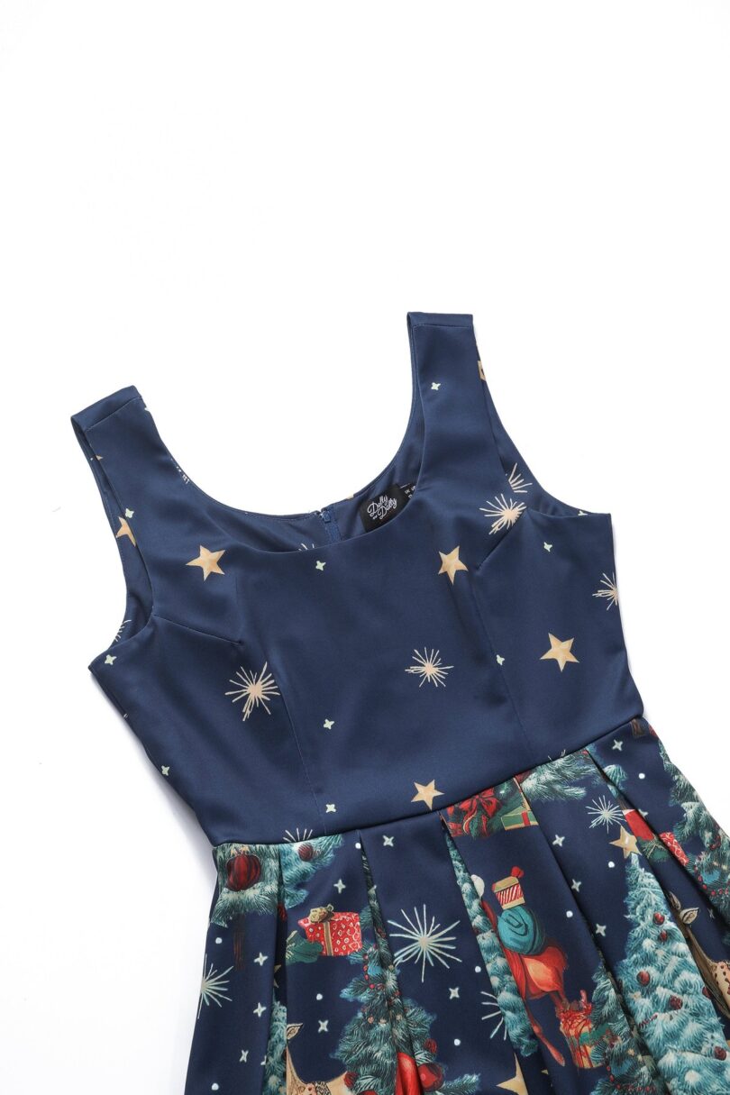 Amanda Dark Desaturated Blue Christmas Santa Print Dress  Shop now at Kitty Darling