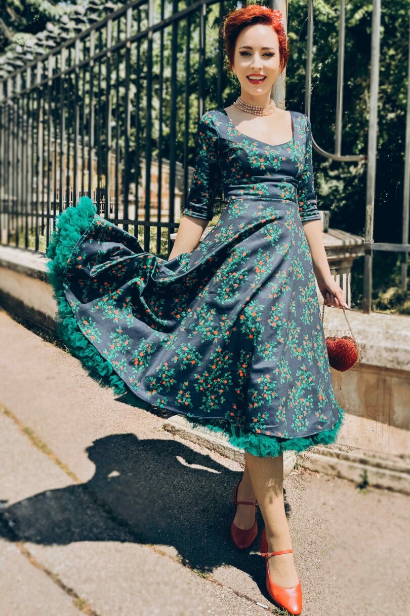 Navy Blue Rosebud Print Long Sleeved Dress  Shop now at Kitty Darling