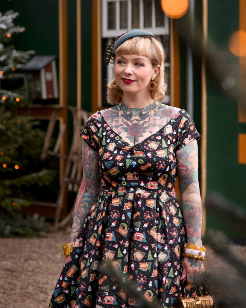 Lily Retro Off Shoulder in Black Christmas Fair Swing Dress  Shop now at Kitty Darling
