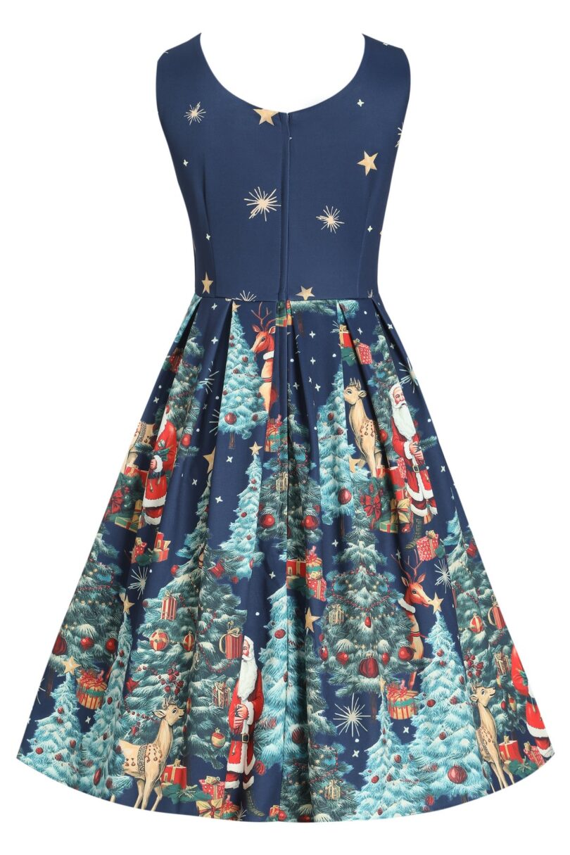 Amanda Dark Desaturated Blue Christmas Santa Print Dress  Shop now at Kitty Darling