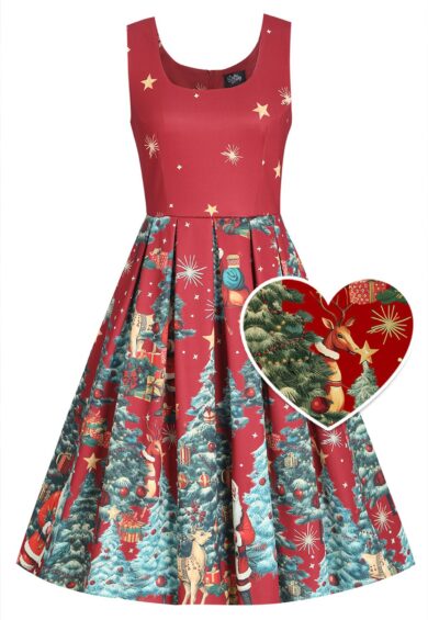 Amanda Crimson Red Christmas Santa Print Dress – Dresses | Kitty Darling
