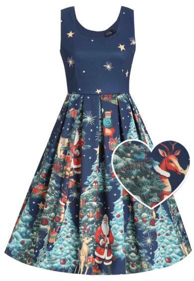 Amanda Dark Desaturated Blue Christmas Santa Print Dress – Dresses | Kitty Darling