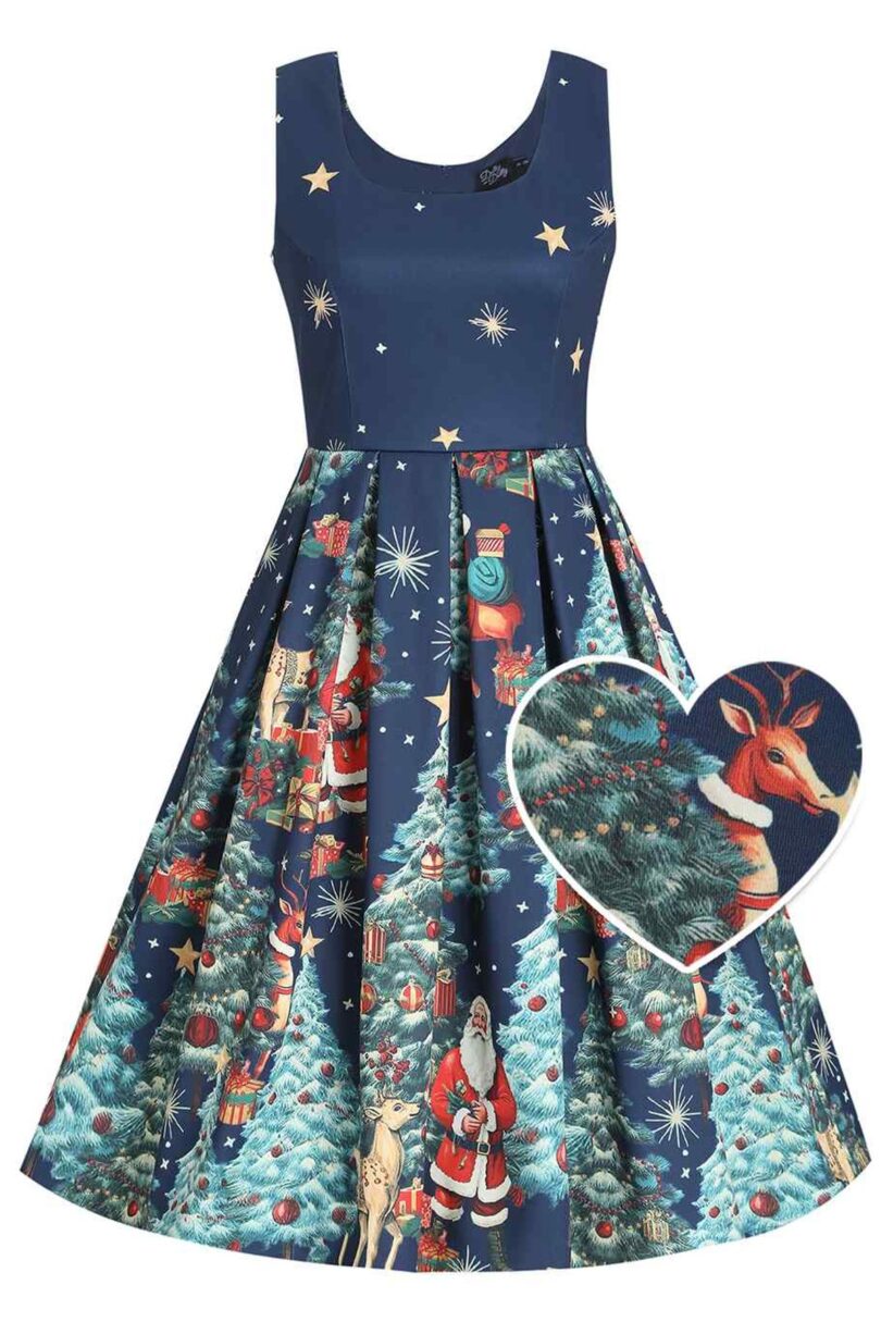 Amanda Dark Desaturated Blue Christmas Santa Print Dress  Shop now at Kitty Darling