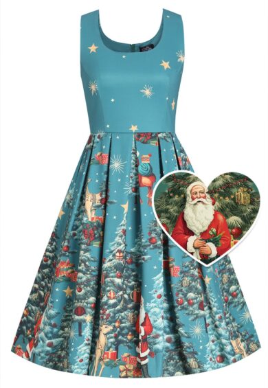 Amanda Dark Desaturated Cyan Christmas Santa Print Dress – Dresses | Kitty Darling