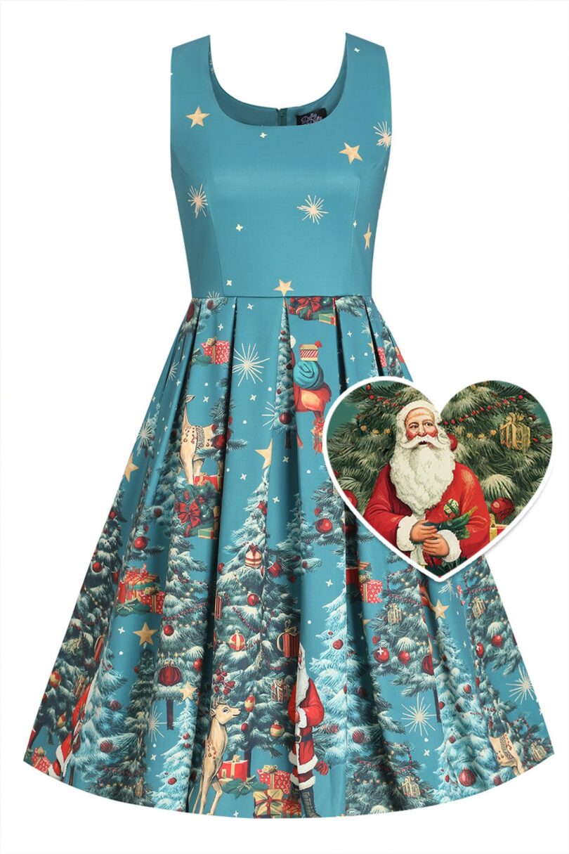 Amanda Dark Desaturated Cyan Christmas Santa Print Dress  Shop now at Kitty Darling