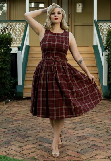 Annie Retro Burgundy Tartan Swing Dress – New In | Kitty Darling