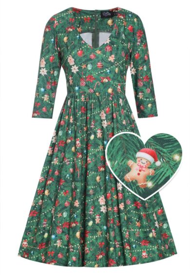Billie Dark Green V-neckline Xmas Tree Print Long-Sleeved Dress – Dresses | Kitty Darling