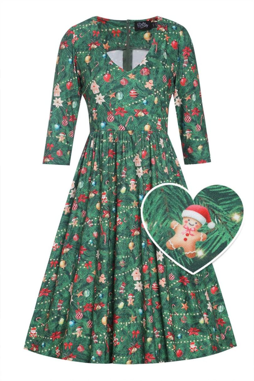 Billie Dark Green V-neckline Xmas Tree Print Long-Sleeved Dress  Shop now at Kitty Darling