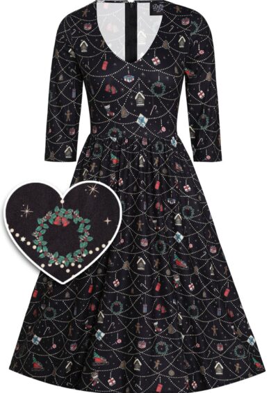 Billie Long Sleeved Dress in Black Christmas Ornament Print – Dresses | Kitty Darling