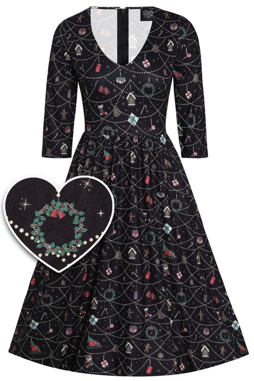 Billie Long Sleeved Dress in Black Christmas Ornament Print  Shop now at Kitty Darling