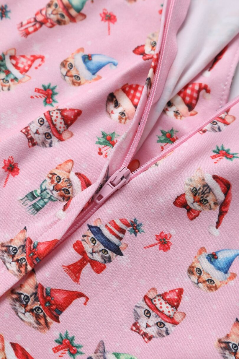 Billie Pink V-neckline Xmas Cat Print Long-Sleeved Dress  Shop now at Kitty Darling