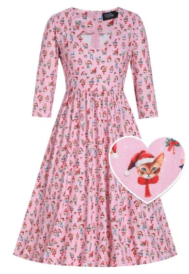 Billie Pink V-neckline Xmas Cat Print Long-Sleeved Dress – Dresses | Kitty Darling