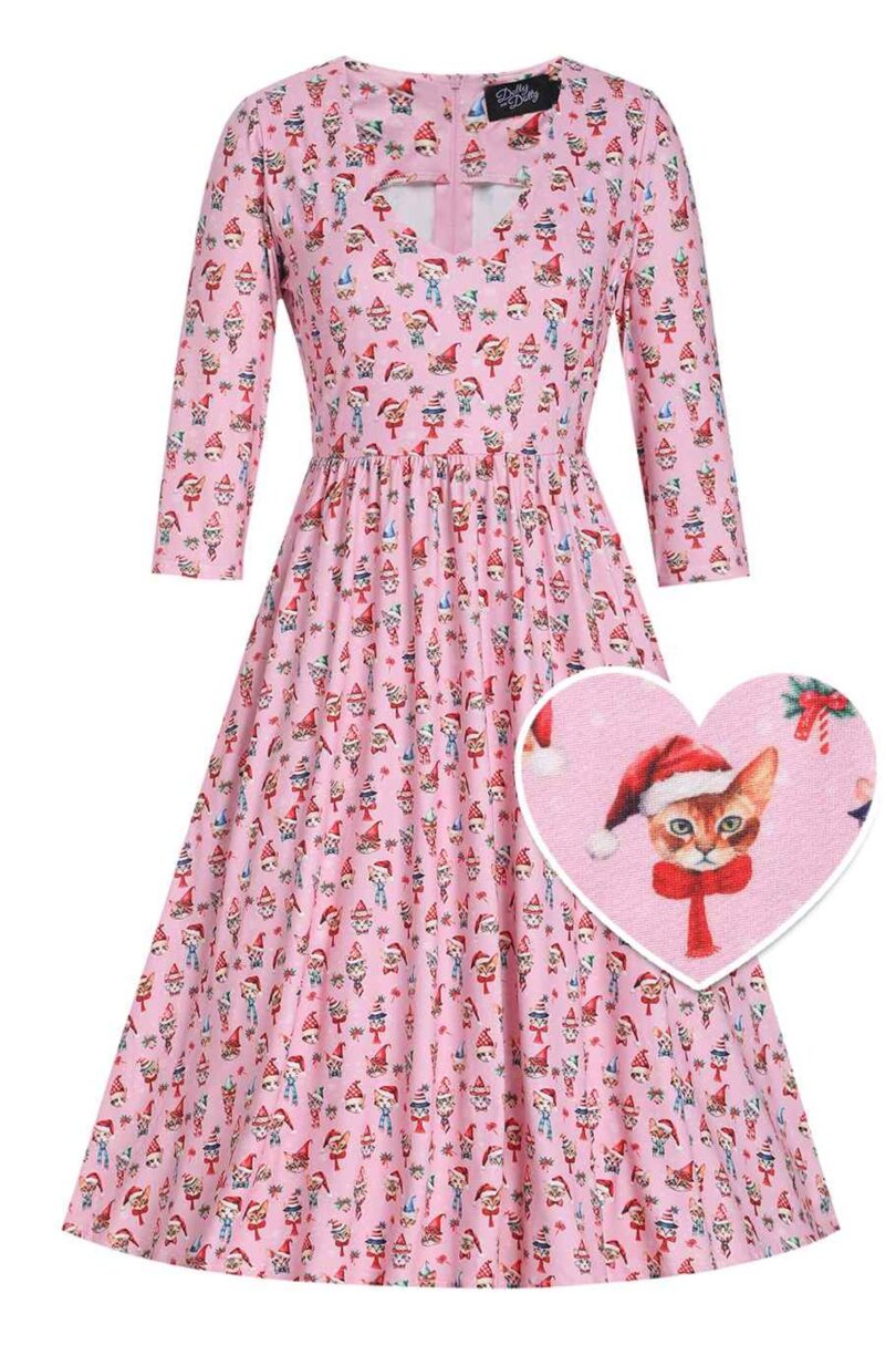 Billie Pink V-neckline Xmas Cat Print Long-Sleeved Dress  Shop now at Kitty Darling