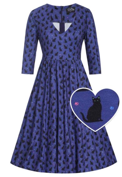 Billie Purple V-Neckline Cat Silhouette Print Dress – Dresses | Kitty Darling