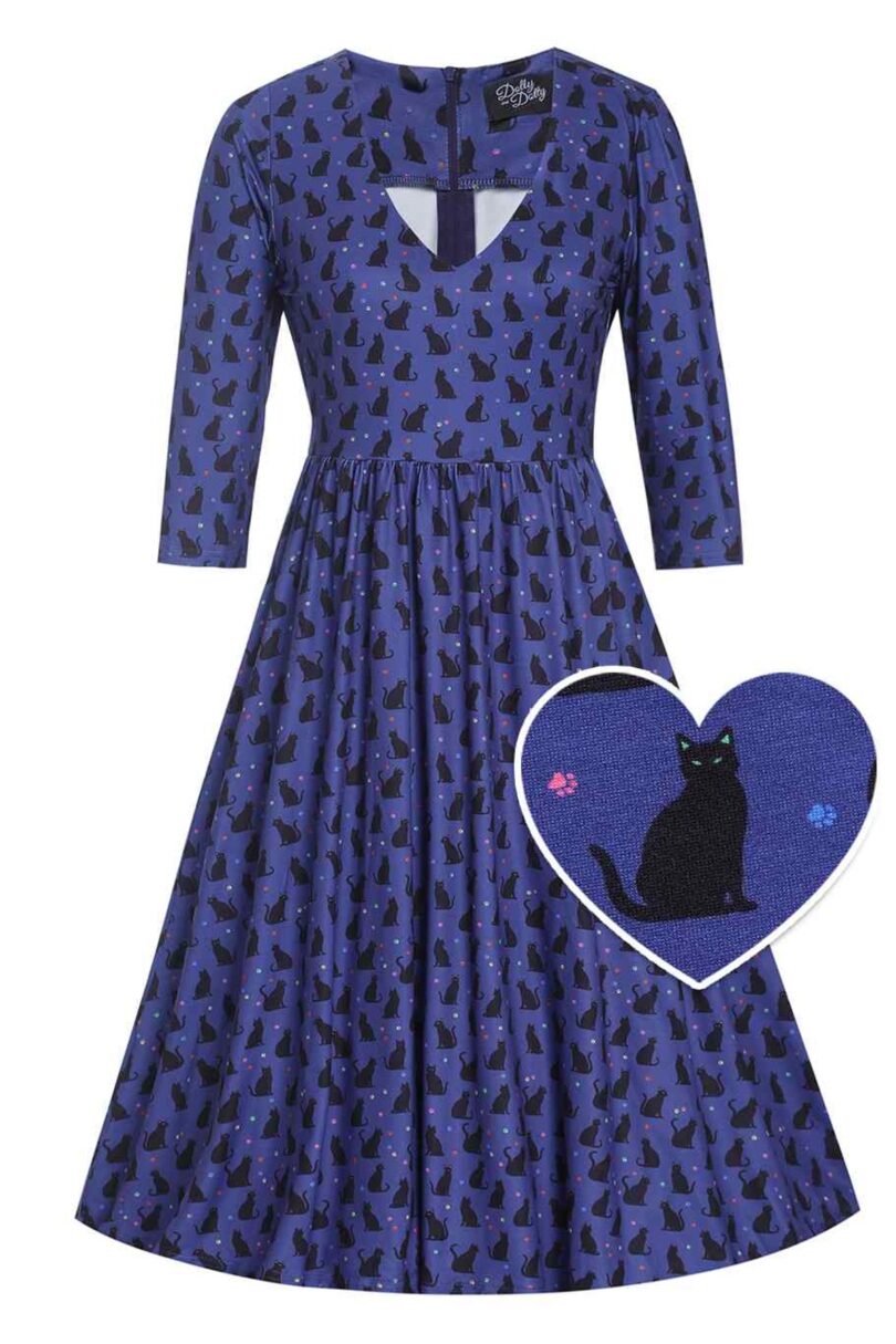 Billie Purple V-Neckline Cat Silhouette Print Dress  Shop now at Kitty Darling