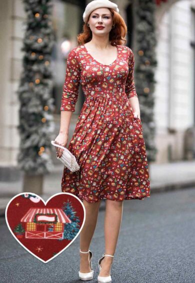 Billie Red Christmas Fair Long Sleeved Dress – Dresses | Kitty Darling