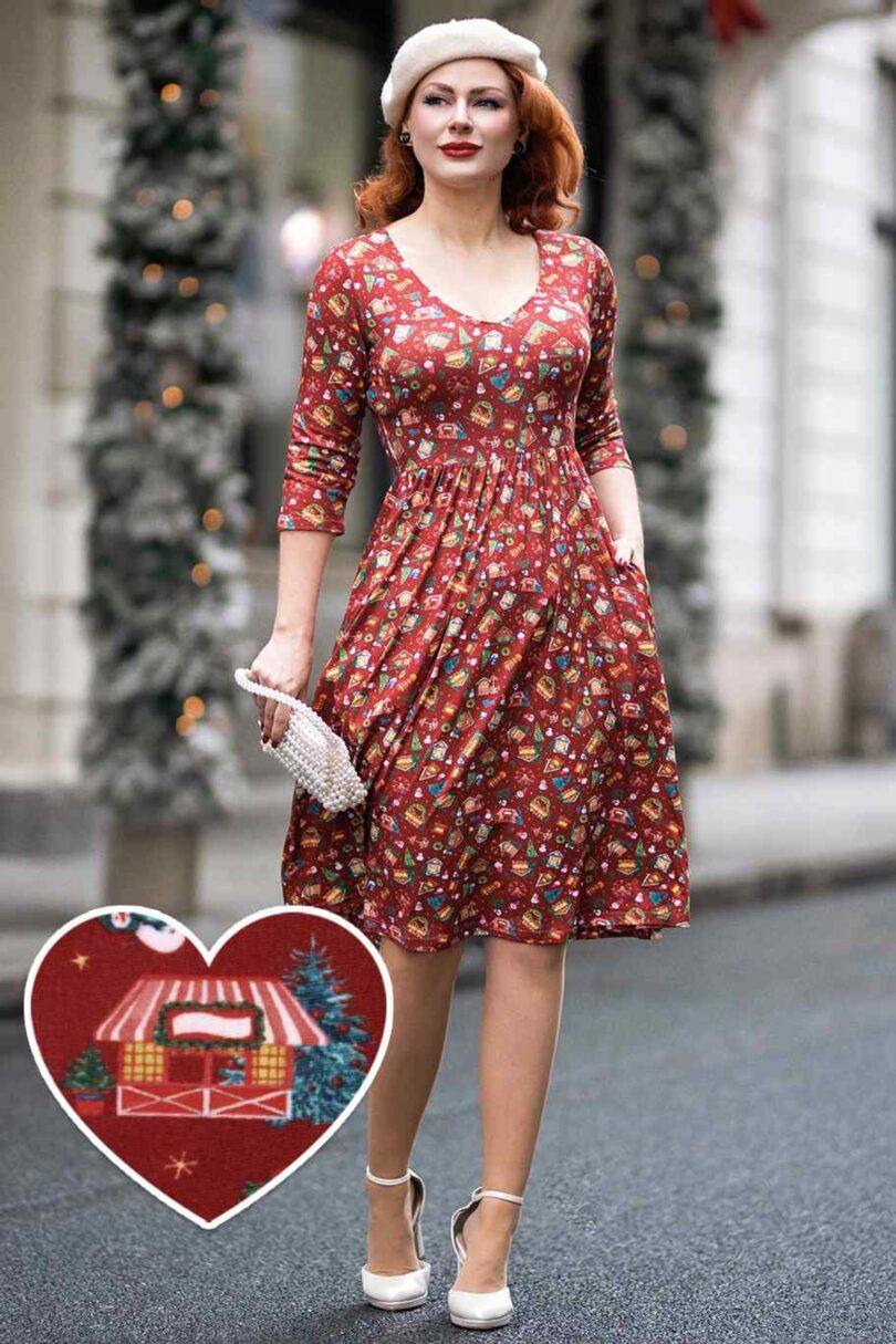 Billie Red Christmas Fair Long Sleeved Dress  Shop now at Kitty Darling