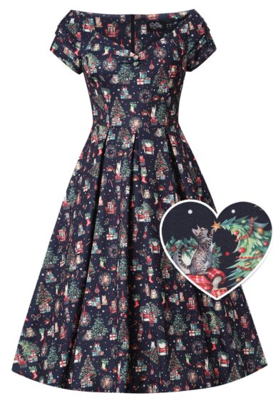 Lily Dark Purple Off Shoulder Cat Print Christmas Dress – Dresses | Kitty Darling