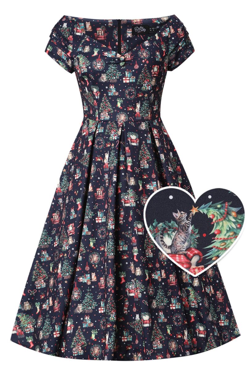 Lily Dark Purple Off Shoulder Cat Print Christmas Dress  Shop now at Kitty Darling