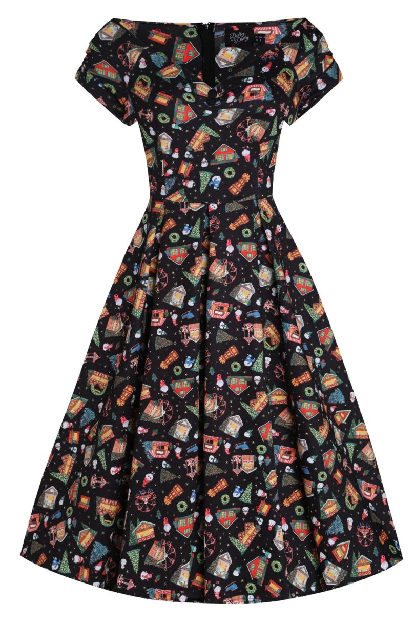 Lily Retro Off Shoulder in Black Christmas Fair Swing Dress  Shop now at Kitty Darling