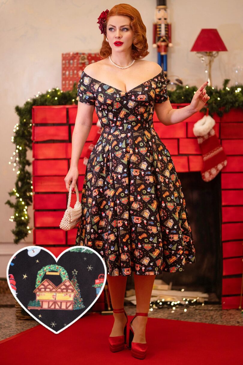 Lily Retro Off Shoulder in Black Christmas Fair Swing Dress  Shop now at Kitty Darling